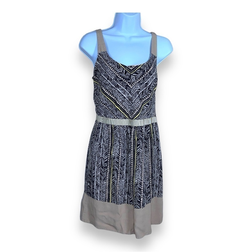 SIZE 6 ANN TAYLOR LOFT BEIGE BLACK GEOMETRIC TRIBAL PRINT DRESS SLEEVELESS